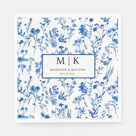 Blue FloraL Hochzeitcocktail Serviette (Vorderseite)