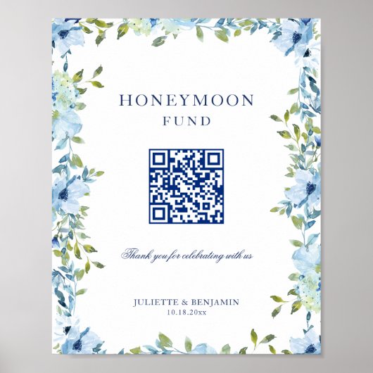 Blue Floral Honeymoon Geschenk QR Code Hochzeitsze Poster (Vorne)