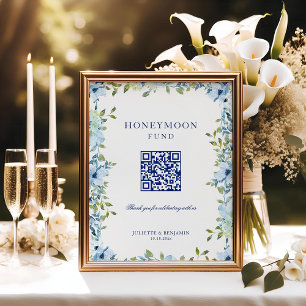 Blue Floral Honeymoon Geschenk QR Code Hochzeitsze Poster