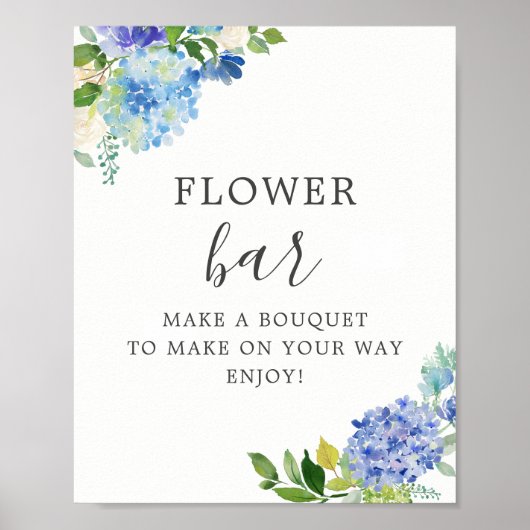 Blue Floral Hydrangea Blume Bar Pedestal Zeichen Poster (Vorne)