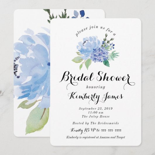 Blue Floral Hydrangea Bridal Dusche Einladung (Vorne/Hinten)