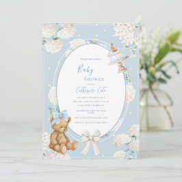 Blue Floral Hydrangea Elegant Bear Baby Shower Einladung