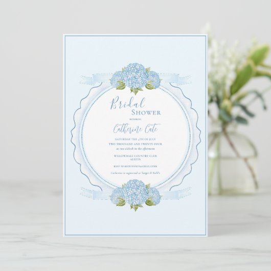 Blue Floral Hydrangea Elegant Bridal Shower  Einladung (Stehend Vorderseite)