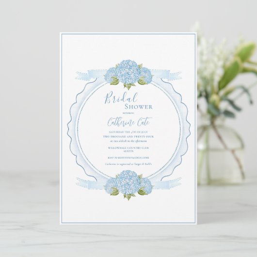 Blue Floral Hydrangea Elegant Bridal Shower  Einladung (Stehend Vorderseite)