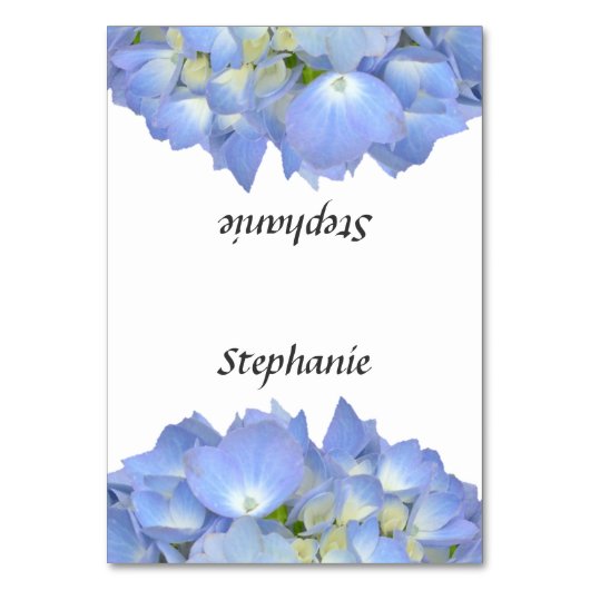 Blue Floral Hydrangea Name Template Platzkarten Tischnummer (Vorderseite)