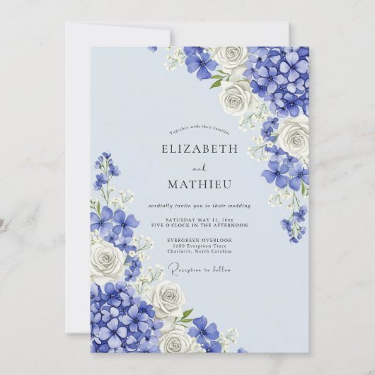 Blue Floral Hydrangea Romance Wedding Einladung (Vorderseite)