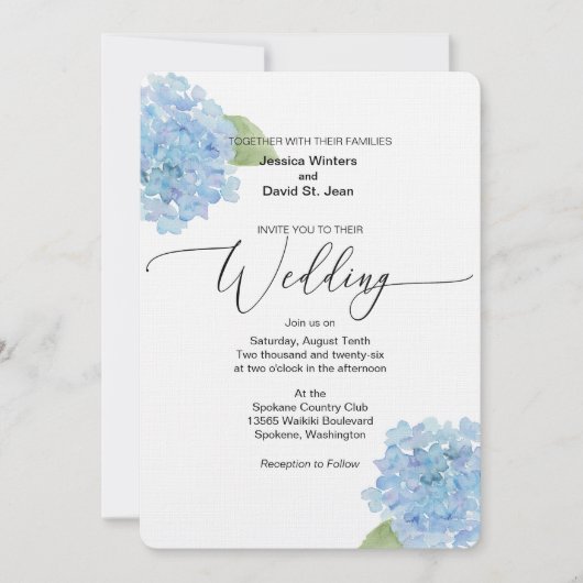 Blue Floral Hydrangea Wedding Einladung Design (Vorderseite)