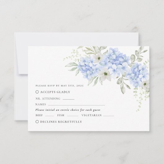 Blue Floral Hydrangea Wedding RSVP Karte (Vorderseite)