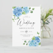 Blue Floral Hydrangeas Elegant Dusty Blue Wedding Einladung (Stehend Vorderseite)