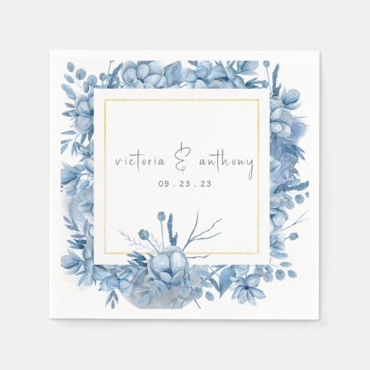Blue Floral Hydrangeas Name Datum Hochzeit Serviette (Vorderseite)