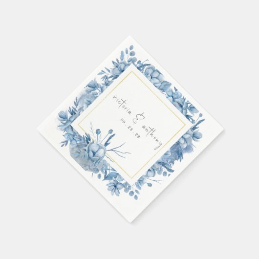 Blue Floral Hydrangeas Name Datum Hochzeit Serviette (Ecke)