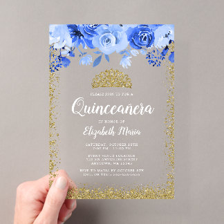 Blue Floral Imitate Gold Glitzer Tiara Quinceanera Acryleinladungen