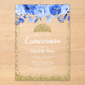 Blue Floral Imitate Gold Glitzer Tiara Quinceanera Acryleinladungen (Vorderseite)