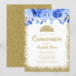 Blue Floral Imitate Gold Glitzer Tiara Quinceanera Einladung