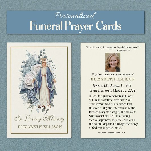 Blue Floral Jungfrau Mary Beerdigung Prayer Card