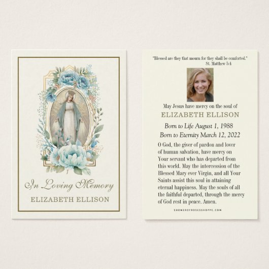 Blue Floral Jungfrau Mary Beerdigung Prayer Card (Vorne & Hinten)