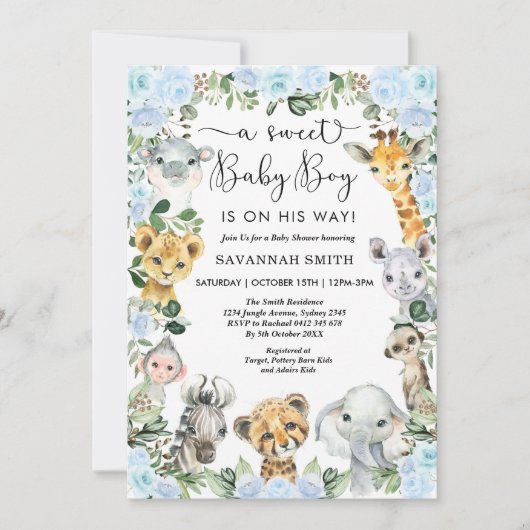 Blue Floral Jungle Safari Animals Boy Baby Dusche Einladung (Vorderseite)