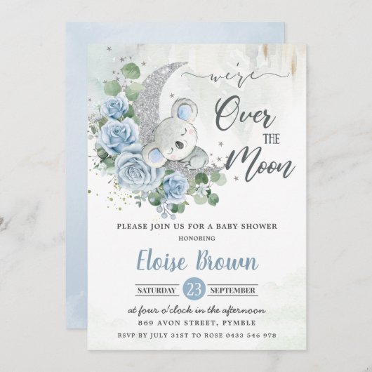 Blue Floral Koala Wir sind über der Mond Babydusch Einladung (Vorne/Hinten)