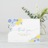 Blue Floral Lemon Main Squeeze Brautparty Dankeskarte (Stehend Vorderseite)