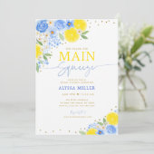Blue Floral Lemon Main Squeeze Brautparty Einladung (Stehend Vorderseite)