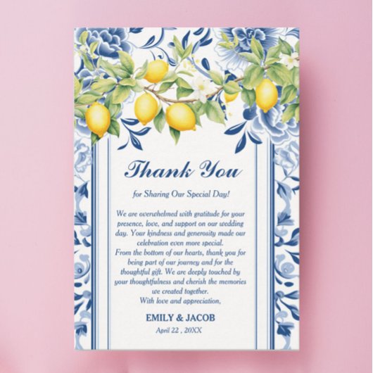 Blue Floral & Lemon Wedding Dankeskarte