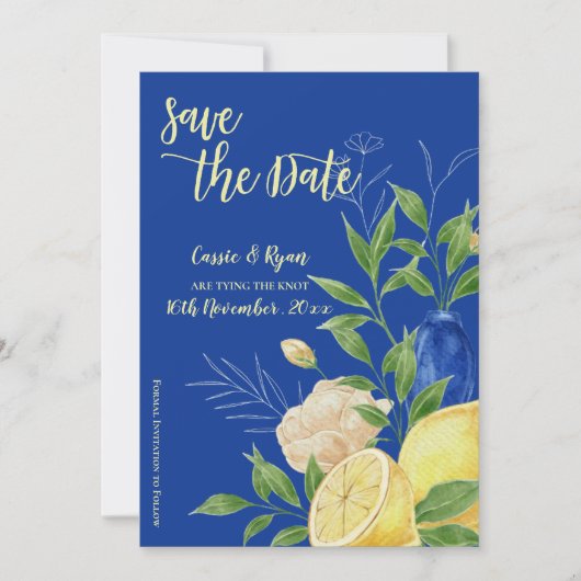 Blue Floral Lemon Wedding Save the Date (Vorderseite)