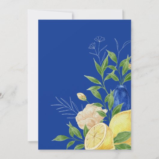 Blue Floral Lemon Wedding Save the Date (Rückseite)