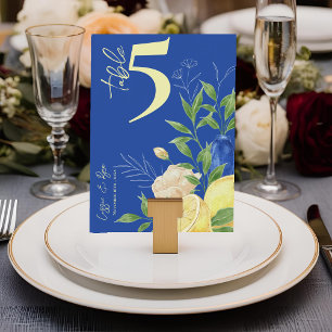Blue Floral Lemon Wedding Tischnummer Card