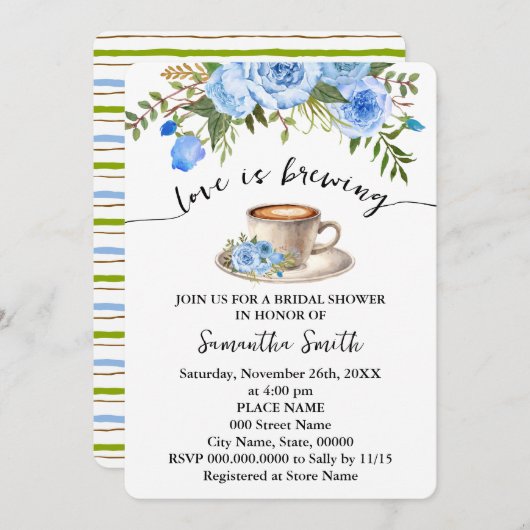 Blue Floral Liebe ist das Brechen Coffee Brautpart Einladung (Vorne/Hinten)