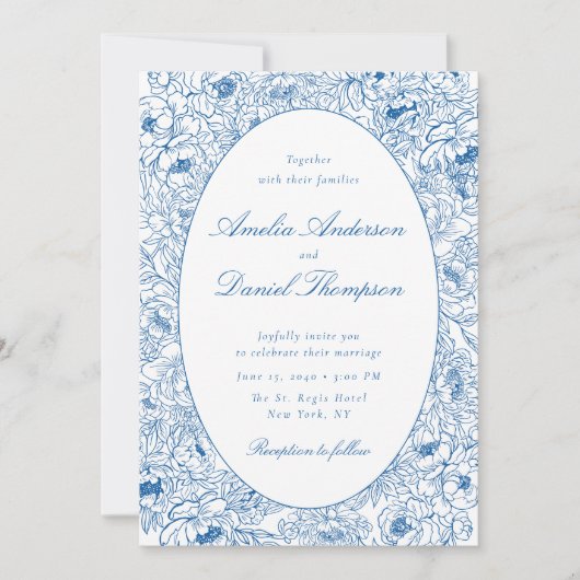Blue Floral Line Art Wedding Invitation Einladung (Vorderseite)
