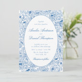 Blue Floral Line Art Wedding Invitation Einladung (Stehend Vorderseite)