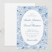 Blue Floral Line Art Wedding Invitation Einladung (Vorne/Hinten)