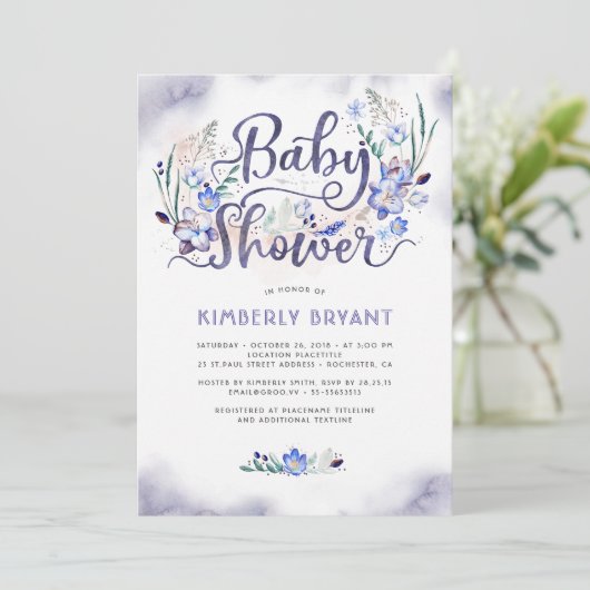 Blue Floral Little Man - Boy Baby Dusche Einladung (Stehend Vorderseite)