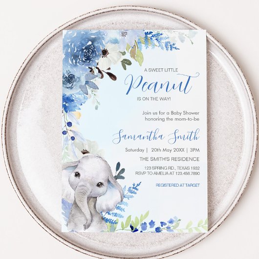 Blue Floral Little Peanut Baby Dusche Einladung
