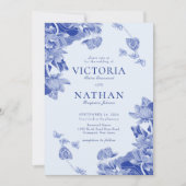 Blue Floral Lotus Chinoiserie mit Foto Wedding Einladung (Vorderseite)