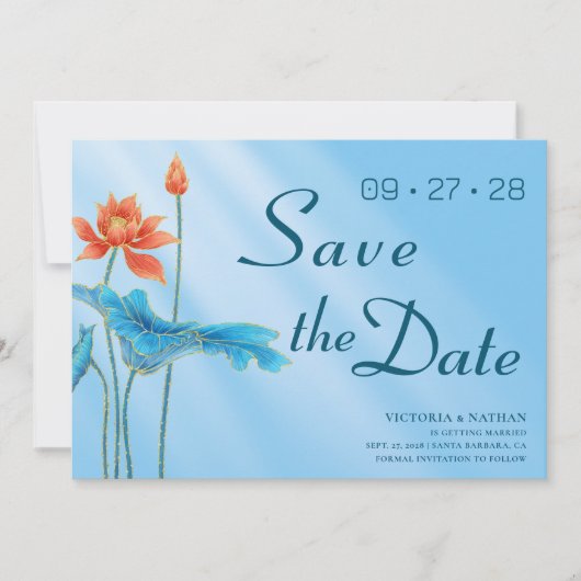 Blue Floral Lotus Wedding Save the Date Einladung (Vorderseite)