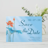Blue Floral Lotus Wedding Save the Date Einladung (Stehend Vorderseite)