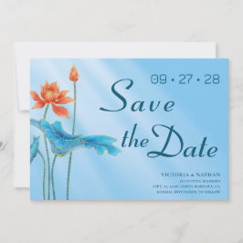 Blue Floral Lotus Wedding Save the Date Einladung