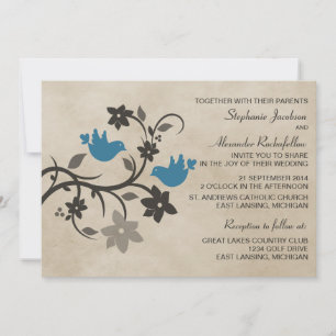 Blue Floral Lovebirds Hochzeitsfeier Einladung
