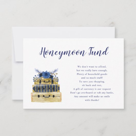 Blue Floral Luggage Honeymoon Fund Karte (Vorderseite)