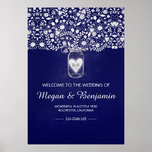 Blue Floral Mason Jar Wedding Willkommenszeichen Poster (Vorne)