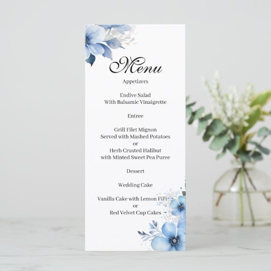 Blue floral Menu Menükarte (Stehend Vorderseite)