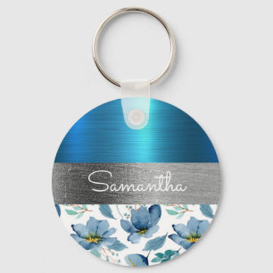 Blue Floral Metallic Glitzer Klassisches Hübsches Schlüsselanhänger