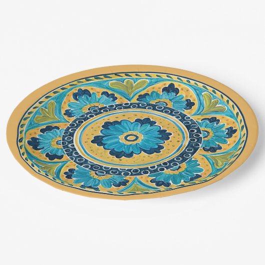 Blue Floral mexikanische Tile Pappteller (Schrägansicht)