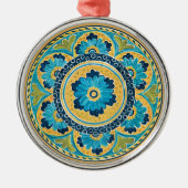Blue Floral mexikanische Tile Silbernes Ornament (Vorne)