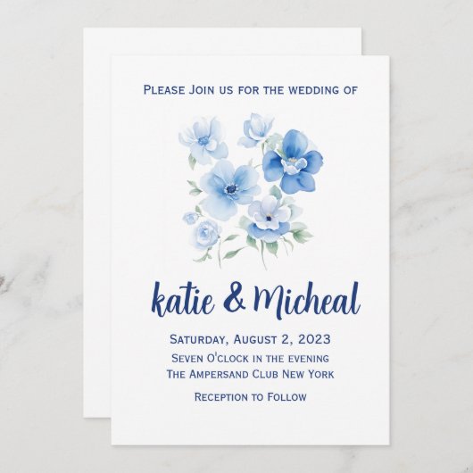 Blue Floral Minimalistisch Einfache Hochzeit Einla Einladung (Vorne/Hinten)