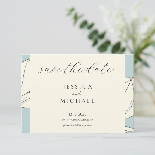 Blue Floral Minimalistisch Flair Save the Date Kar (Stehend Vorderseite)
