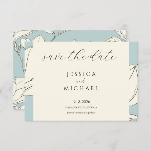 Blue Floral Minimalistisch Flair Save the Date Kar (Vorne/Hinten)