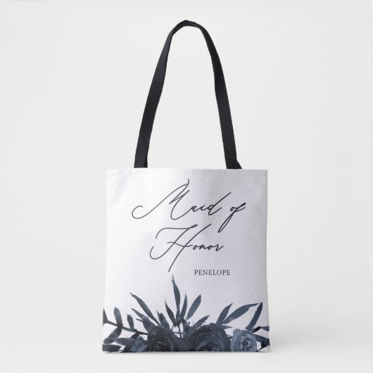 Blue Floral mit Trauzeugin Script Tasche (Vorderseite)