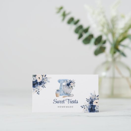 Blue Floral Mixer Business Card Visitenkarte (Stehend Vorderseite)